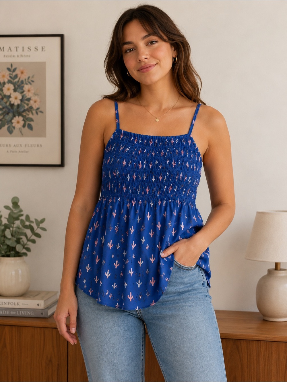 Desert Print Smocked Cami Tank – Blue & Pink